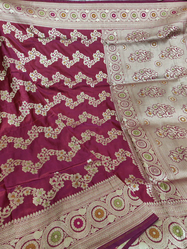 Exclusive Pure Banarasi Khaddi Katan Kadhuwa Silk Allover Flowers Booti Handloom Saree