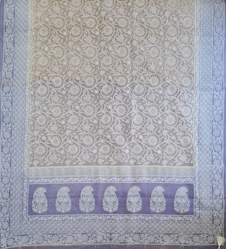 Exclusive Pure Organza Heavy Anchal Embroidery Work Chikankari Silk Saree