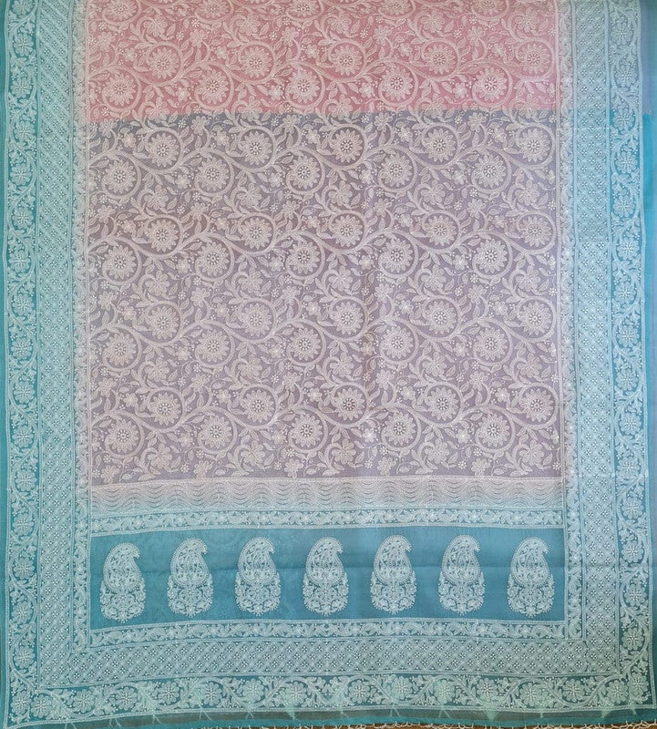 Exclusive Pure Organza Heavy Anchal Embroidery Work Chikankari Silk Saree