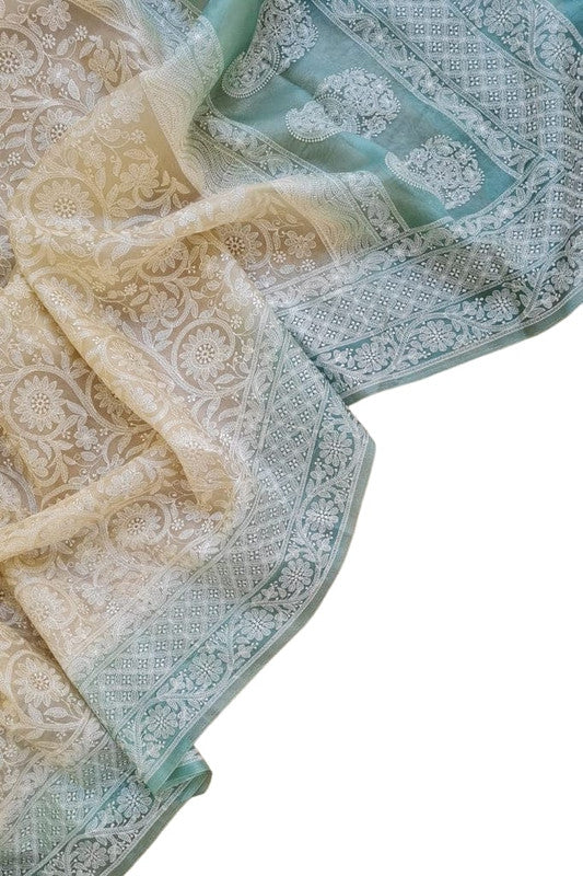 Exclusive Pure Organza Heavy Anchal Embroidery Work Chikankari Silk Saree