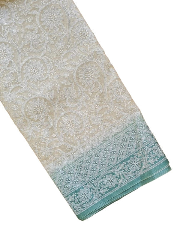 Exclusive Pure Organza Heavy Anchal Embroidery Work Chikankari Silk Saree