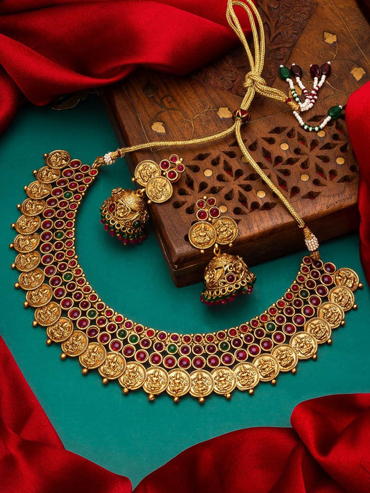 Aadita Gold-Polished & Pink Stone Studded Handcrafted Jewellery Set