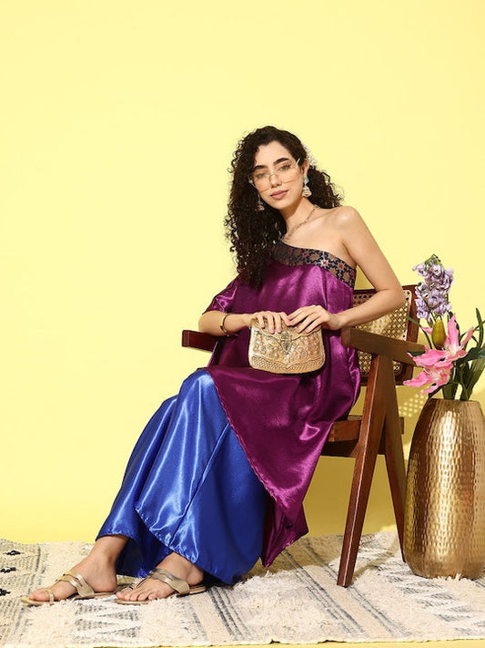 InWeave Women's Wine Navy Brocade Satin Oneshoulder Blue Palazzo Set