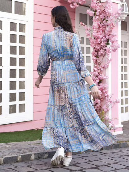 Light Blue Crepe Foil Printed Long Dress - Michan