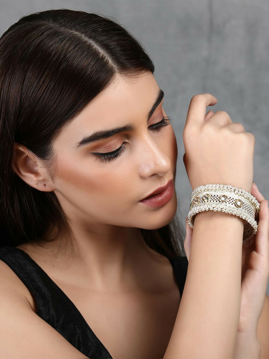 Joban Fashion Women White Beads Style Silver Tone Bangle