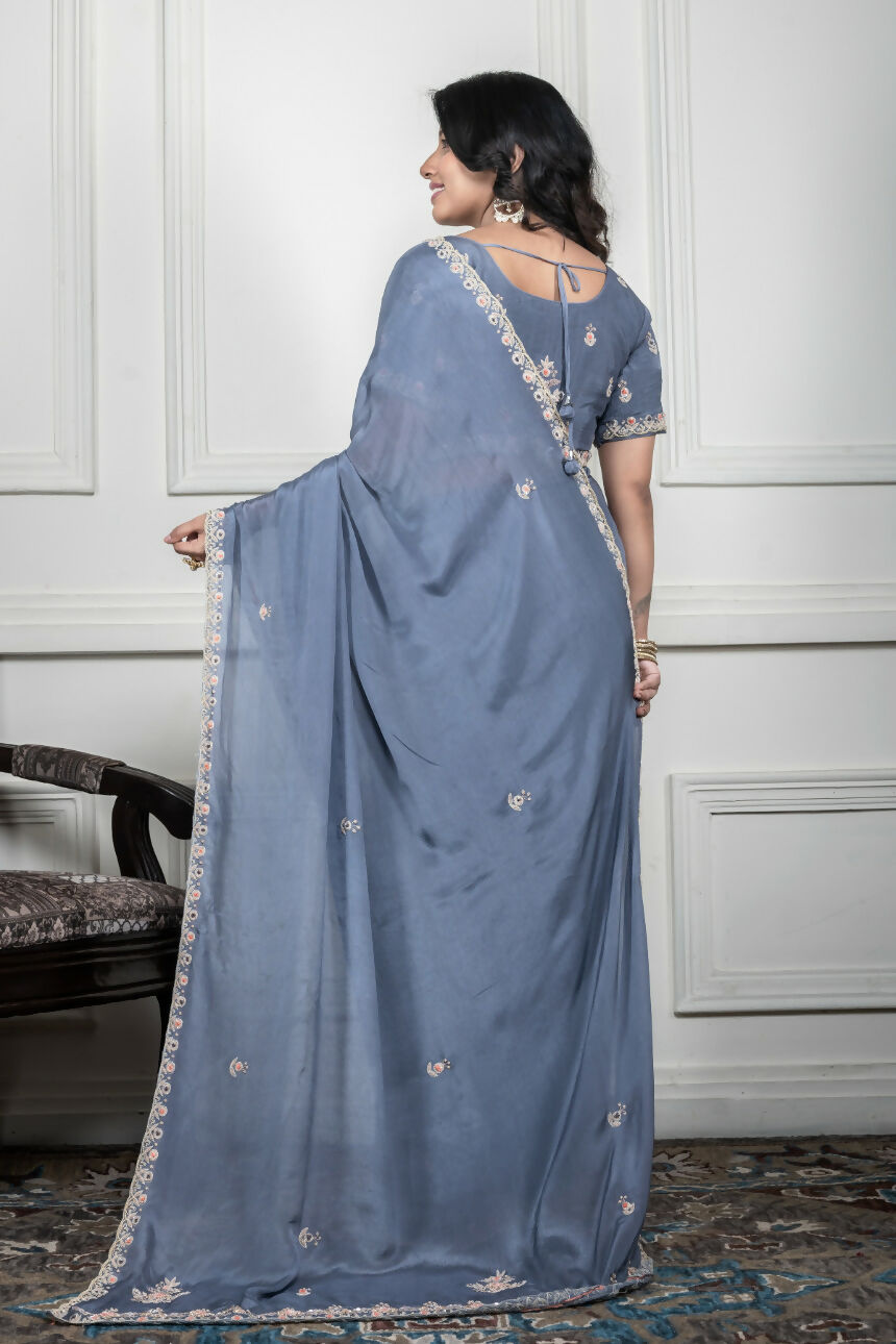 Morchari Grey Chiffon Hand Embroidery Saree And Stitched Blouse