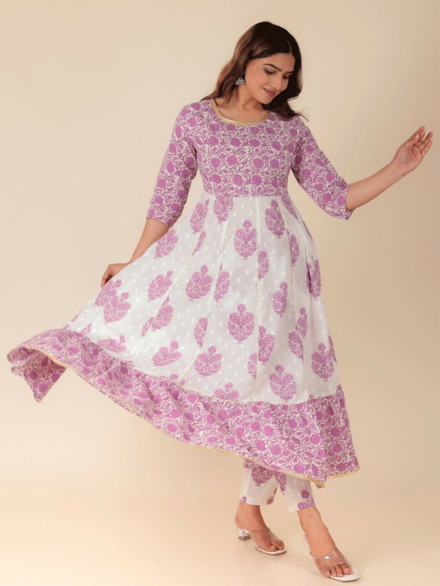 Aramya Anarkali Soft Cotton Floral Print Women's Kurta Set - White