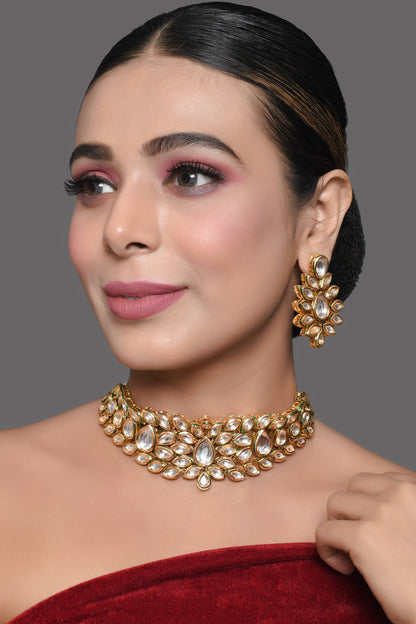 Gold Tone Kundan Inspired Necklace with Earrings