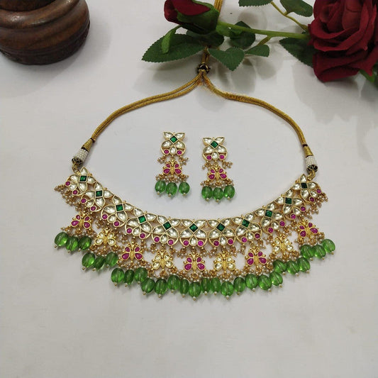 Golden Kundan Meena Necklace Set