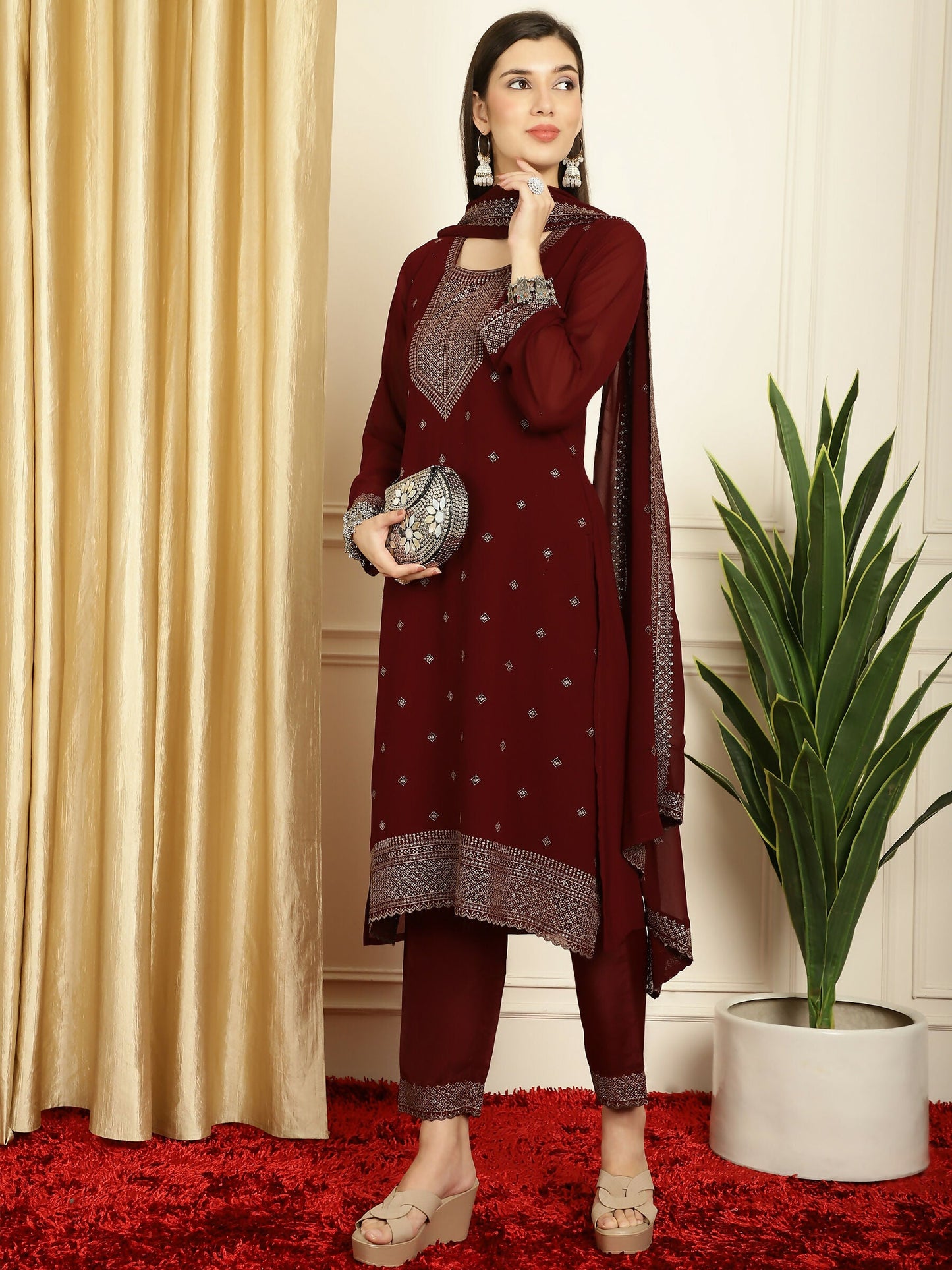 Jyoti Fashion Women's Maroon Georgette Resham Thread & Sequin Kurta with Trouser & Dupatta