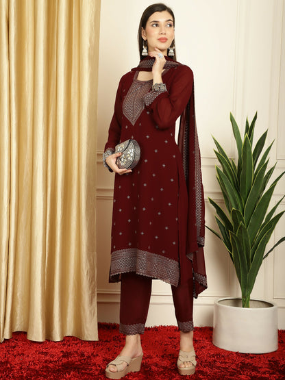Jyoti Fashion Women's Maroon Georgette Resham Thread & Sequin Kurta with Trouser & Dupatta