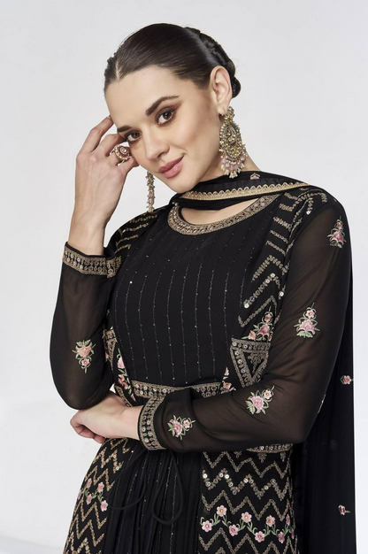 Lorenvalley Fashion Black Faux Georgette Embroidery Work Gown Jacket Stitched