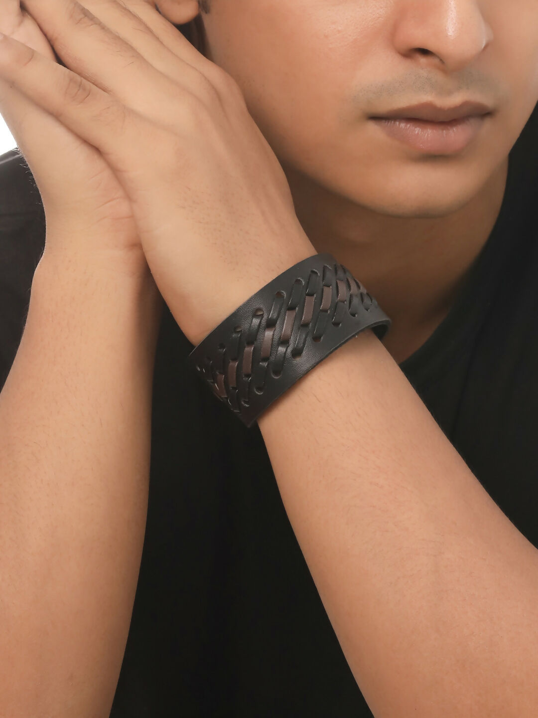 NVR Men's Set of 2 Black Leather Bracelet