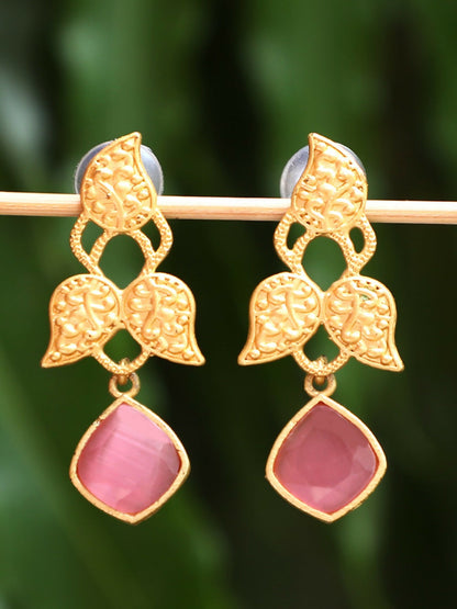 Joban Fashion Women Pink Stone Matte Gold Earrings