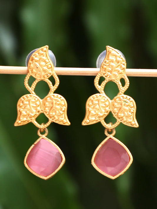 Joban Fashion Women Pink Stone Matte Gold Earrings
