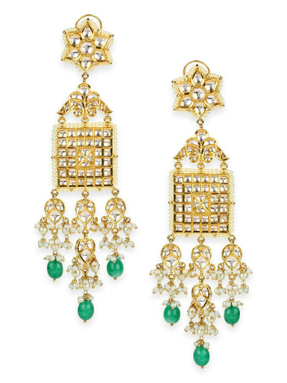 Long Kundan Earrings with Green Stone- Ruby Raang