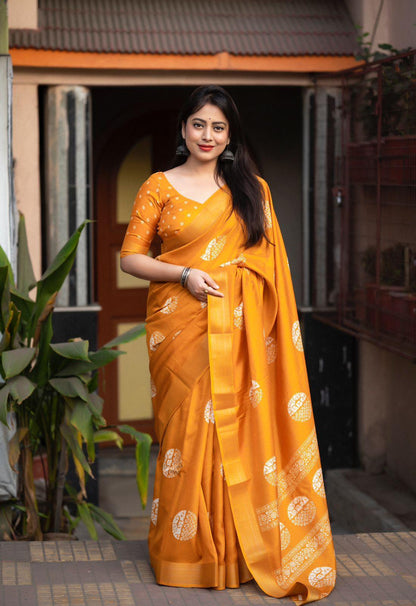 Mustard Cotton Crepe Batik Print Saree with Unstitched Blouse - Hiral Fashion