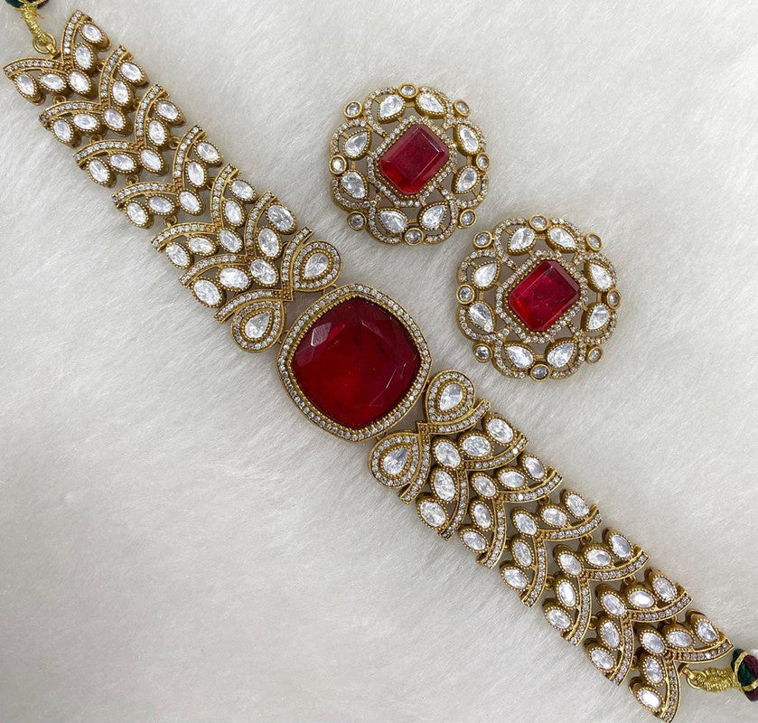 Moisaanite Doublet Natural Stone Designer Chokar Set with Earrings