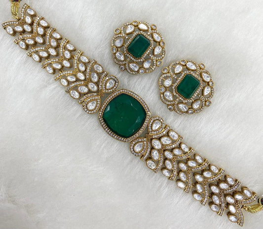 Moisaanite Doublet Natural Stone Designer Chokar Set with Earrings