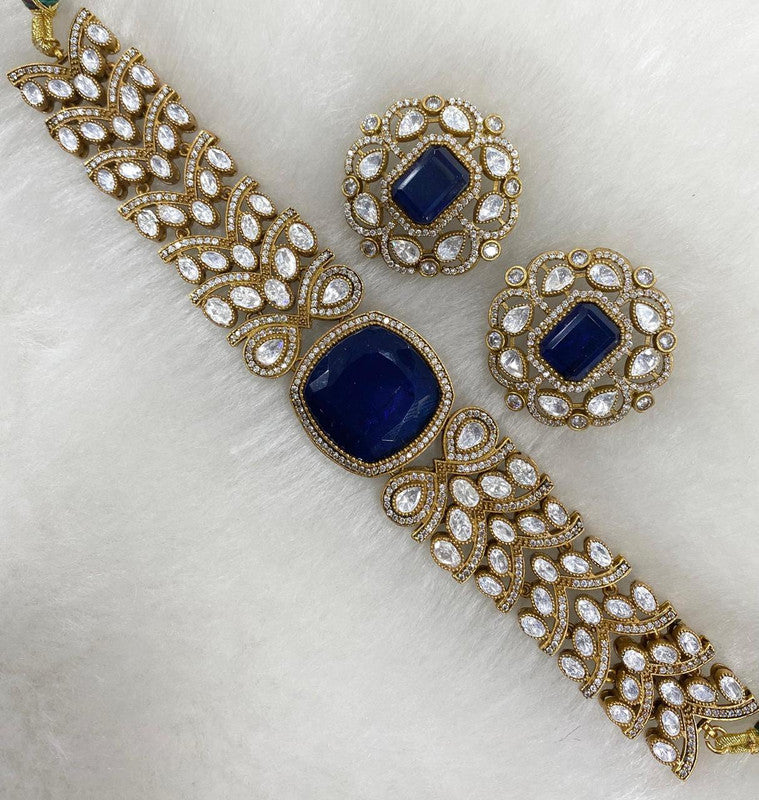 Moisaanite Doublet Natural Stone Designer Chokar Set with Earrings