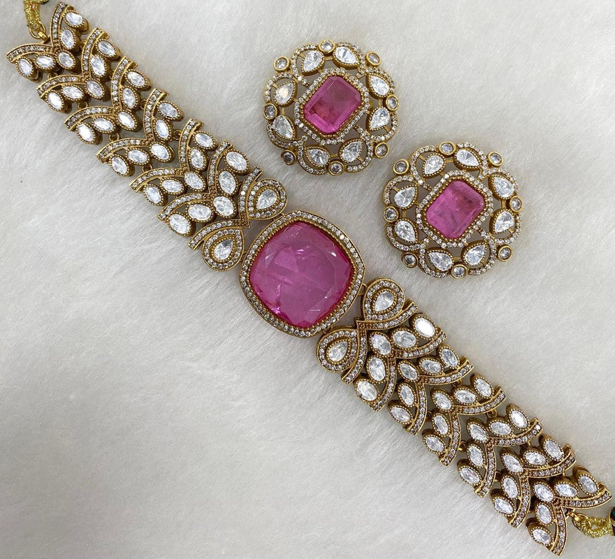 Moisaanite Doublet Natural Stone Designer Chokar Set with Earrings