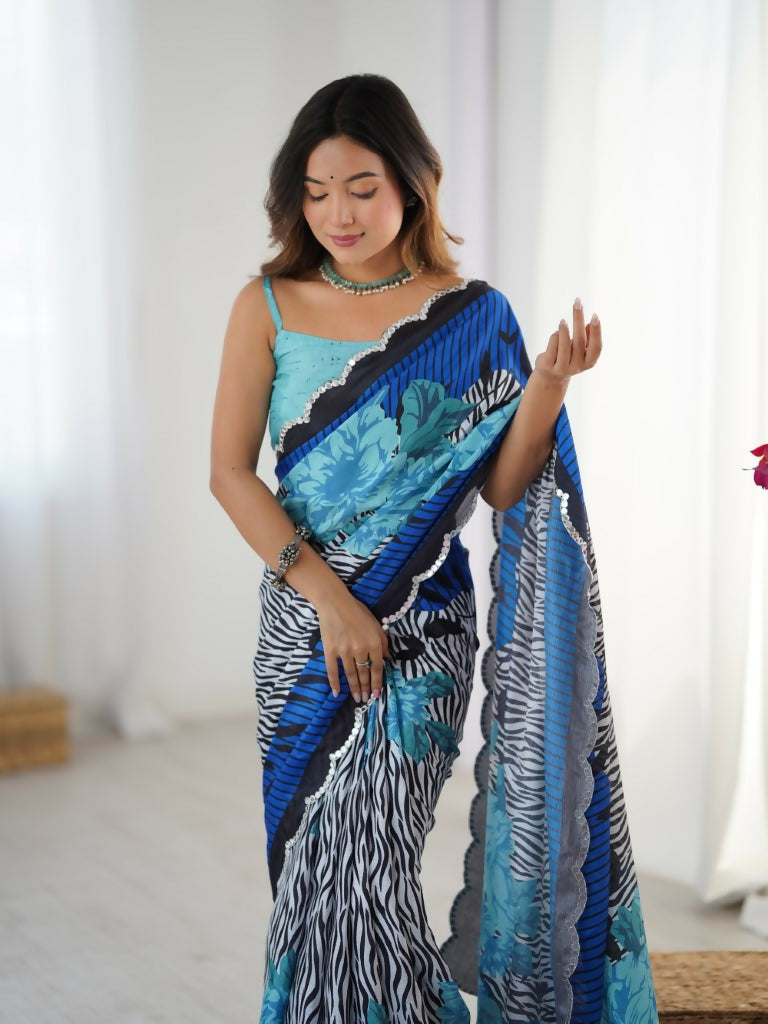 Blue Chinon Designer Digital Printed,Mirror Cut Work Saree - Manvika