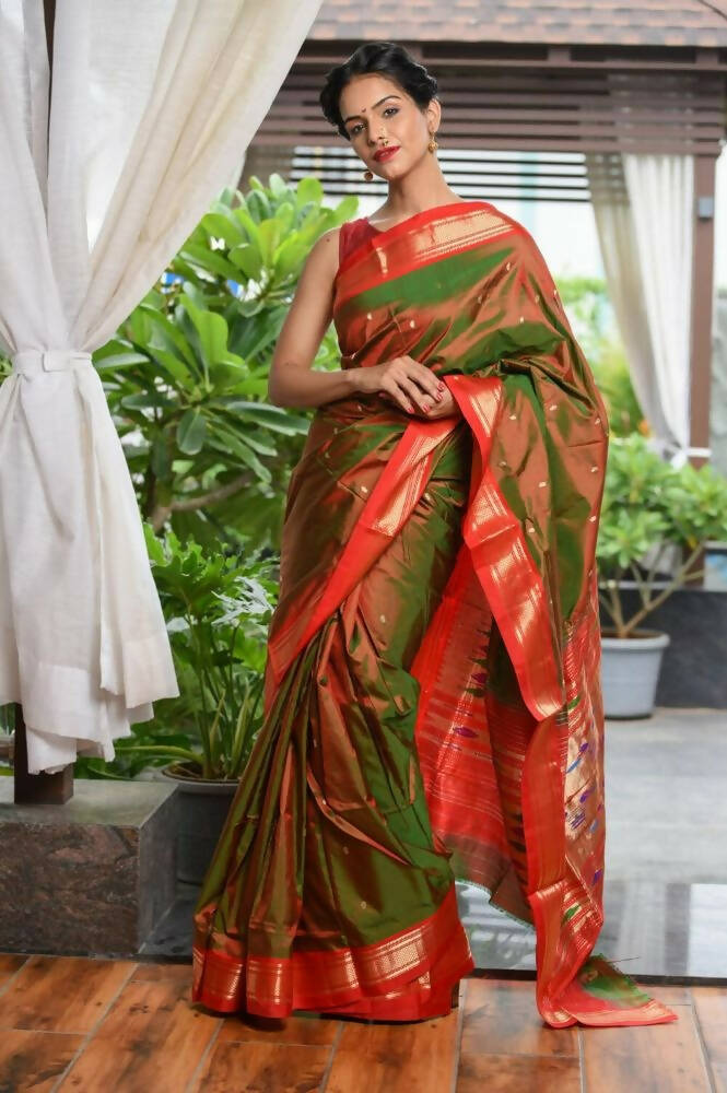 Very Much Indian Pure Silk Yeola Handloom Green Red Dual Tone - Paithani Saree With Traditional Double Pallu