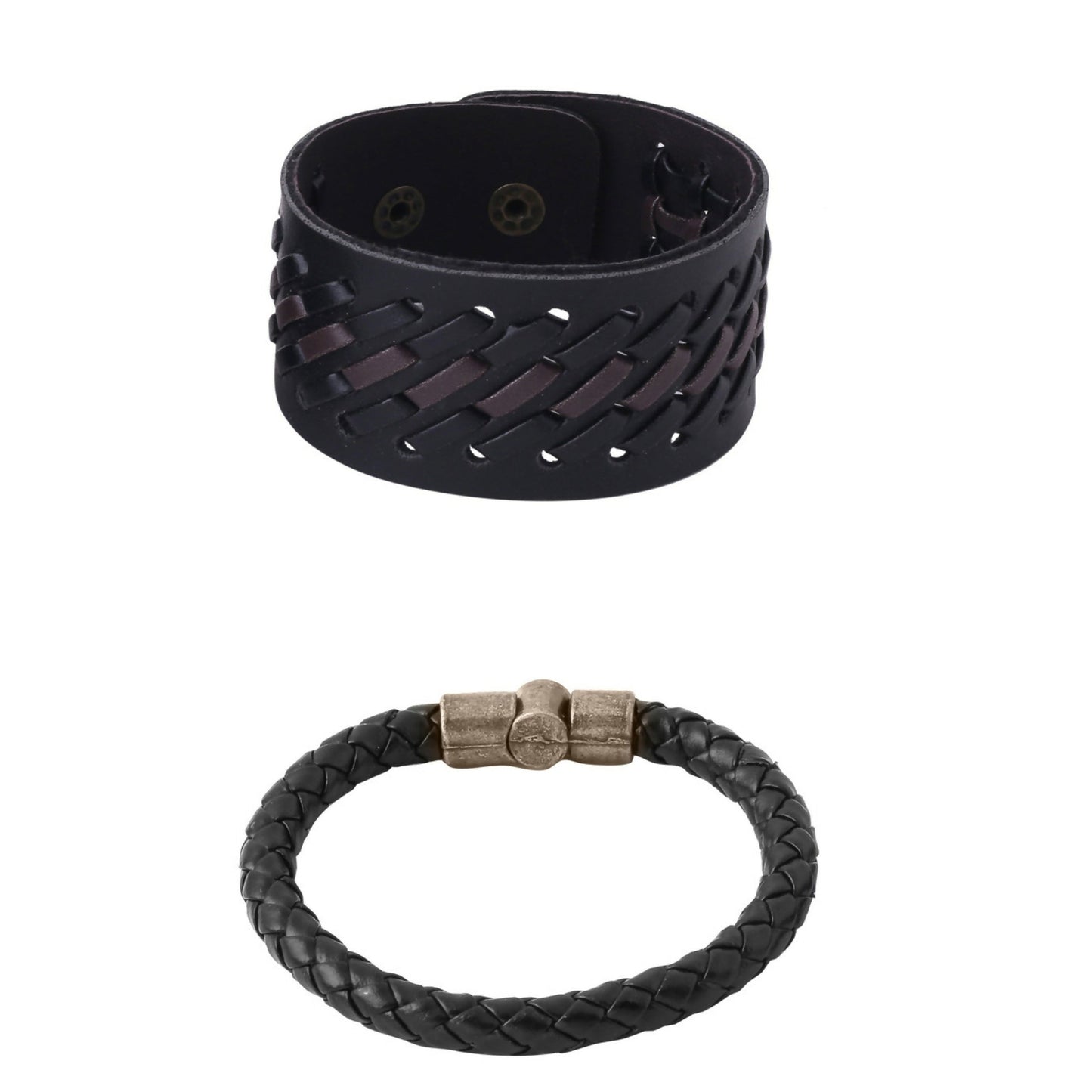 NVR Men's Set of 2 Black Leather Bracelet