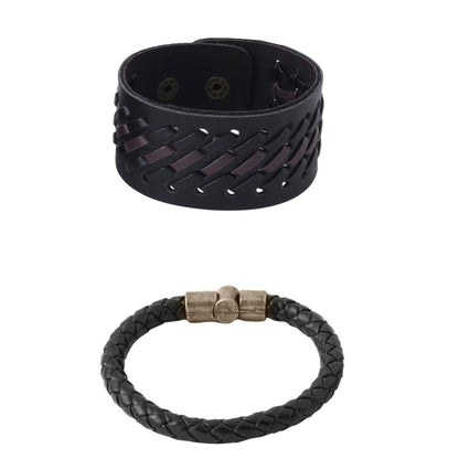NVR Men's Set of 2 Black Leather Bracelet