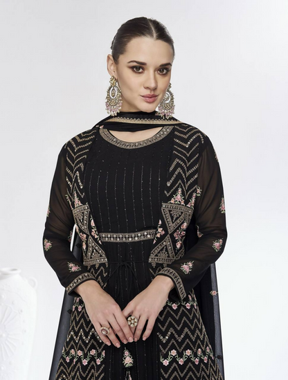 Lorenvalley Fashion Black Faux Georgette Embroidery Work Gown Jacket Stitched
