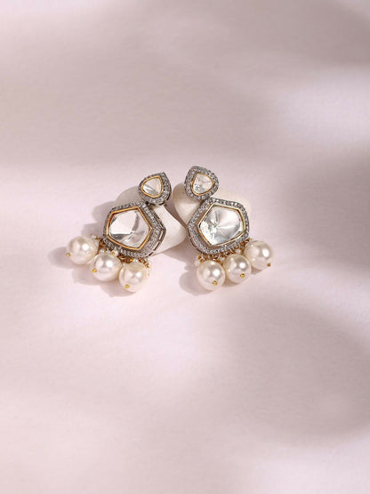 Kundan and Diamond Stone Earrings with Pearls- Ruby Raang