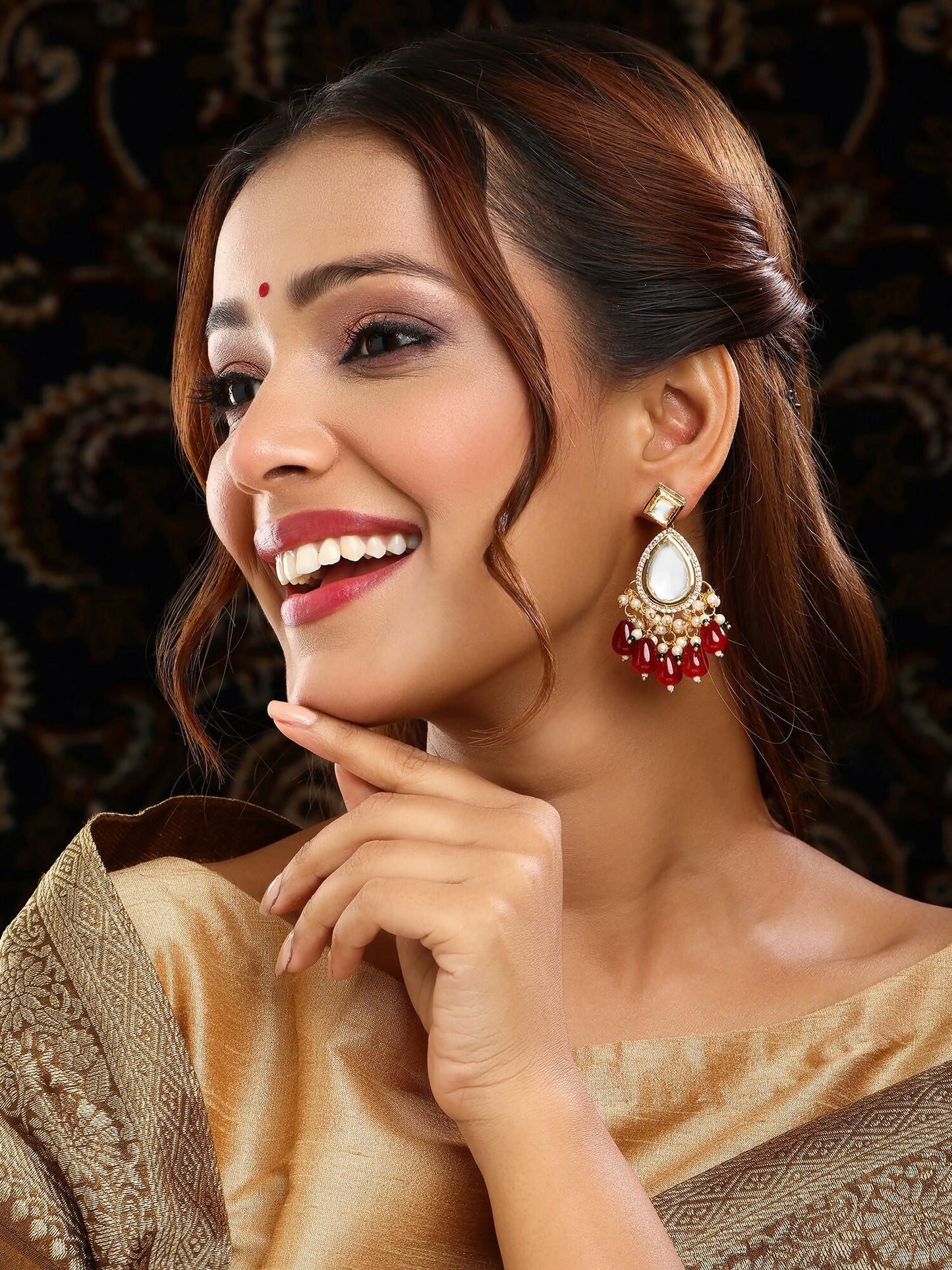 Ruby Raang Gold Polished Kundan Earrings With Maroon Stones