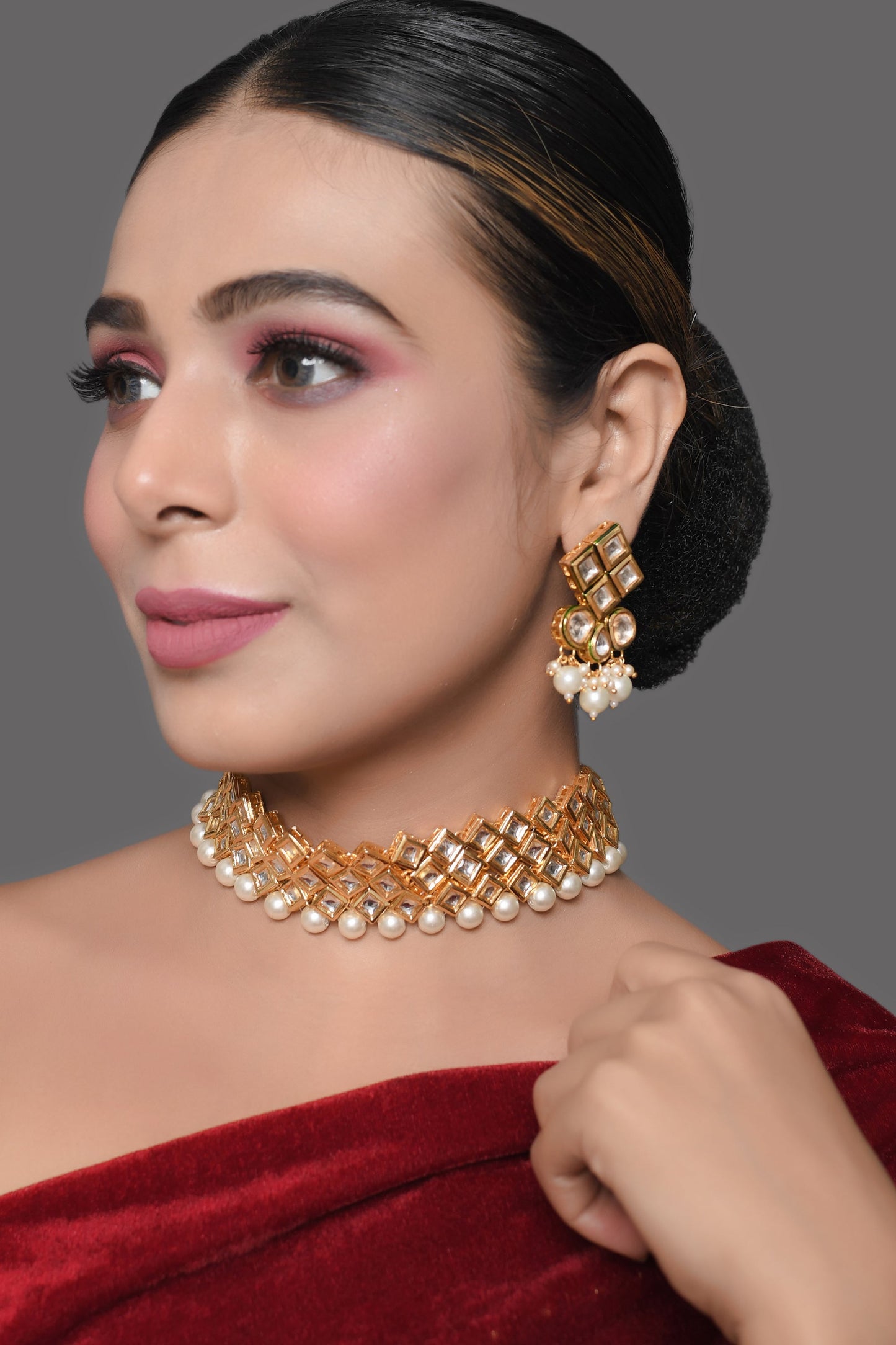 Pearl Beaded Kundan Choker Set with Matching Earrings