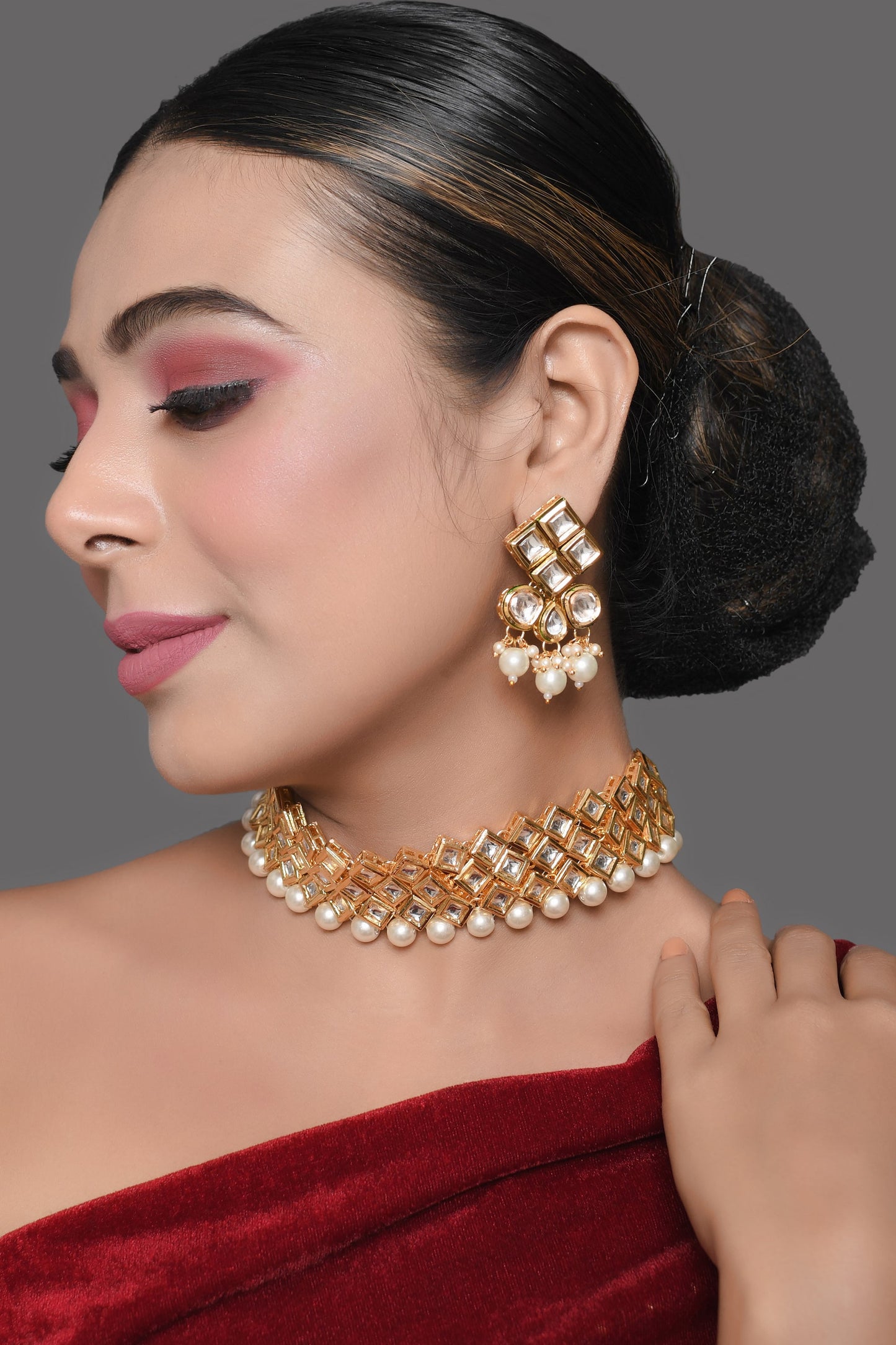Pearl Beaded Kundan Choker Set with Matching Earrings