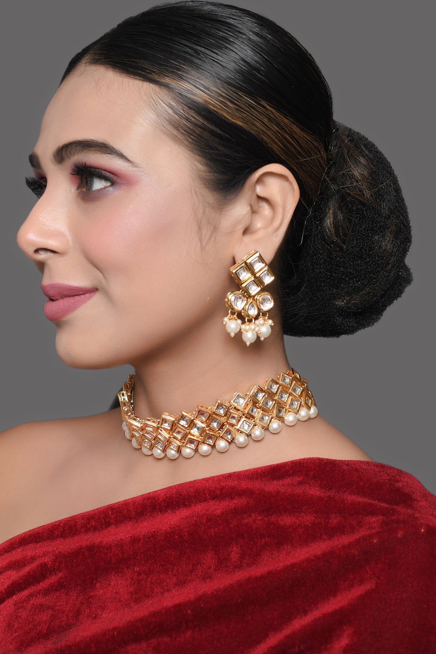 Pearl Beaded Kundan Choker Set with Matching Earrings