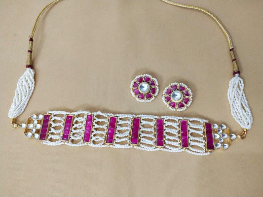 Pink Kundan Meena Choker Set