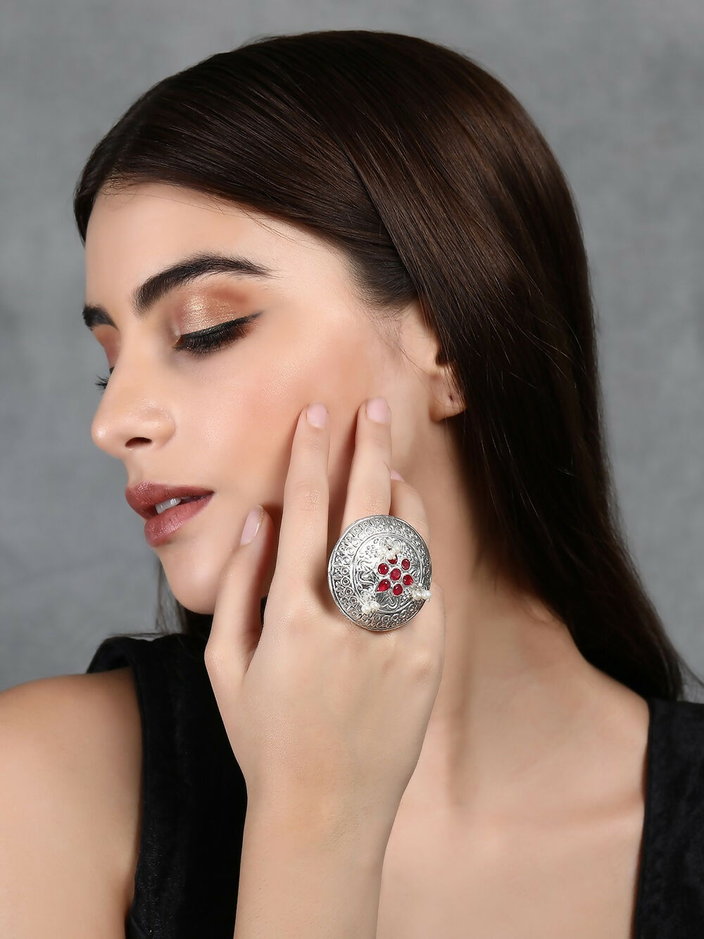Joban Fashion Women Red Stone Silver Tone Ring