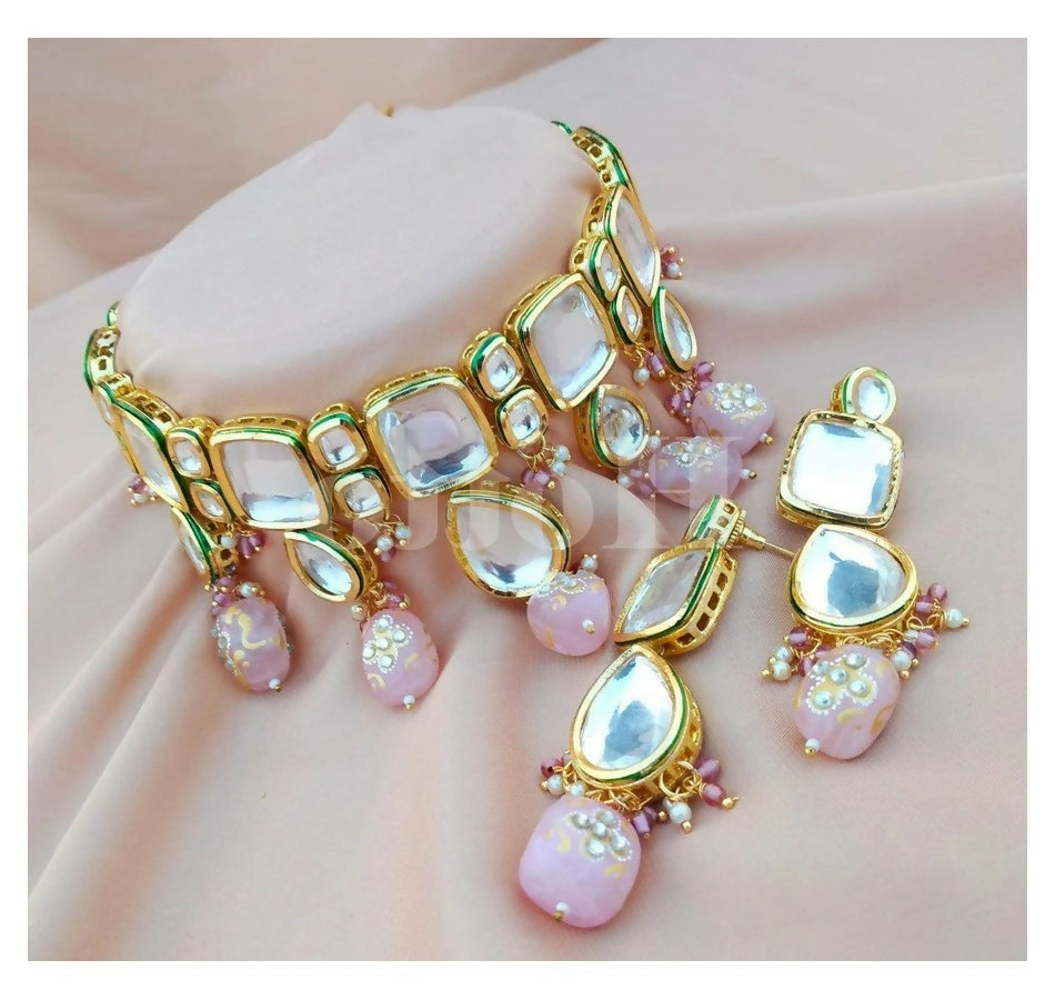 Joban Fashion Baby Pink Kundan Work Necklace Set