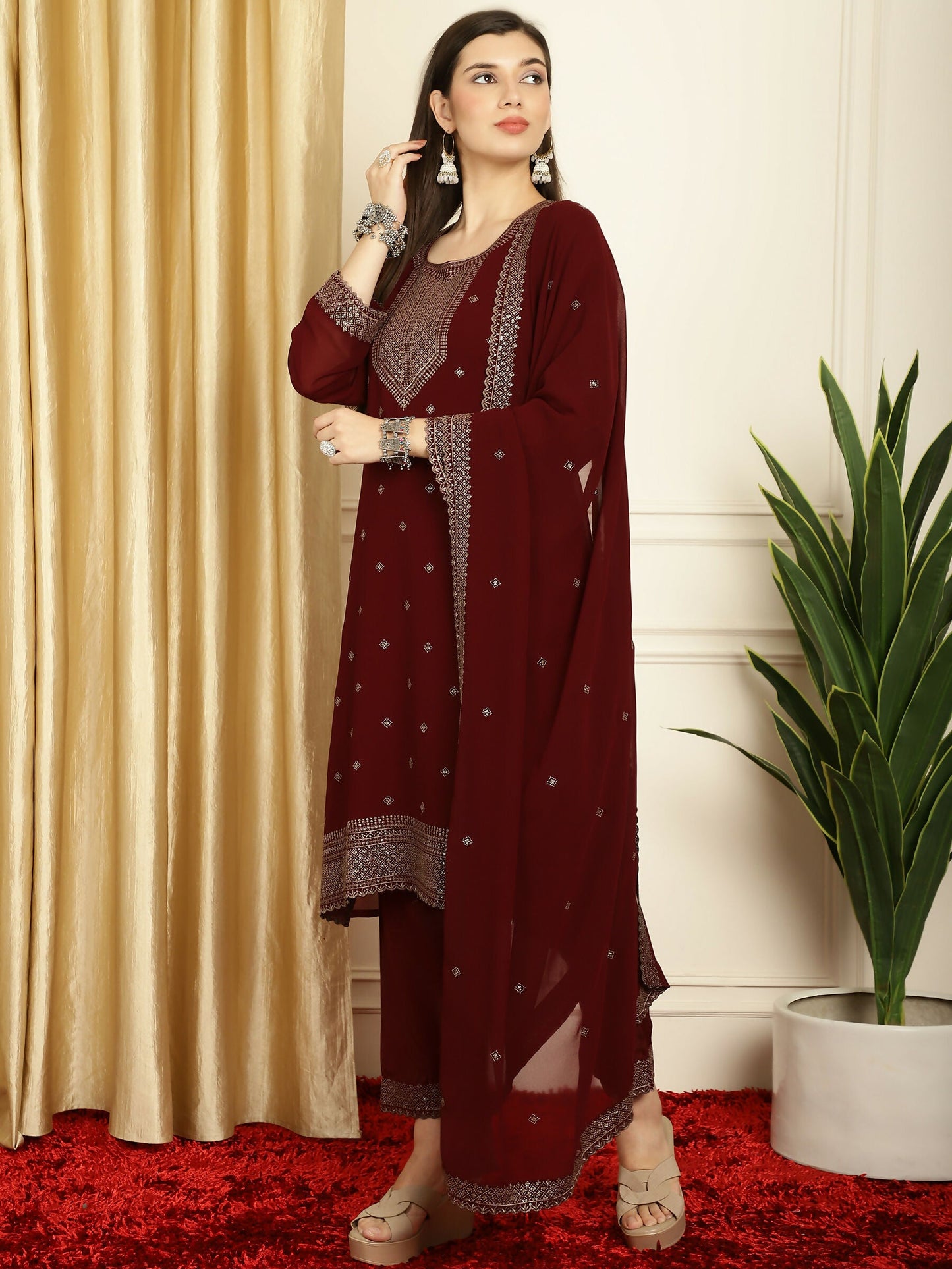 Jyoti Fashion Women's Maroon Georgette Resham Thread & Sequin Kurta with Trouser & Dupatta