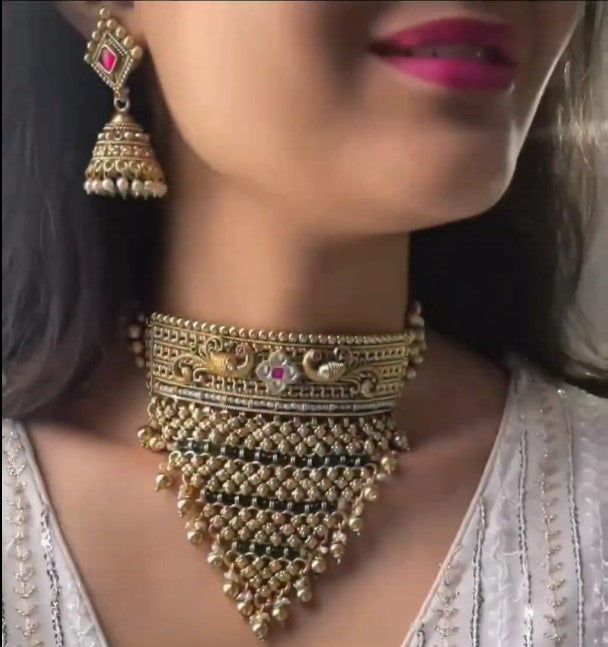 Rajwadi Polki Antique Gold Choker Necklace Set