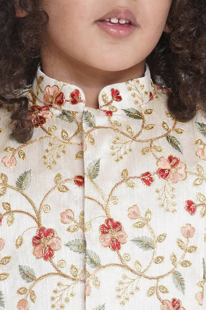 Little Bansi Banarsi Floral Embroidery Jacket with Cotton Kantha kurta and Kantha Pyjama - Cream