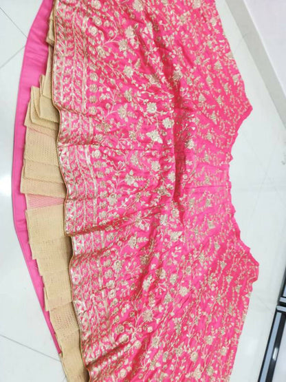 Jyoti Fashion Gajri Red Zari and Sequins Embroidered Malai Satin Silk Lehenga Choli with Dupatta