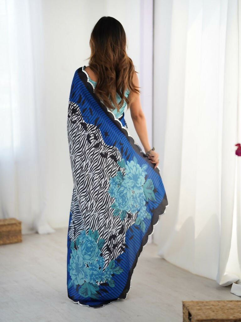Blue Chinon Designer Digital Printed,Mirror Cut Work Saree - Manvika