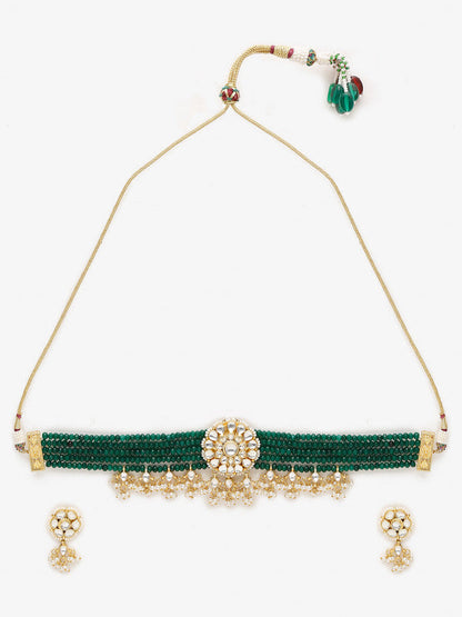 Ruby Raang Presents Green And Golden Kundan Choker With Earrings Set