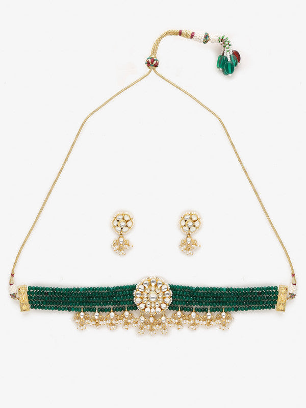 Ruby Raang Presents Green And Golden Kundan Choker With Earrings Set