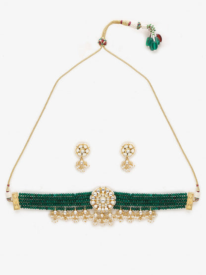 Ruby Raang Presents Green And Golden Kundan Choker With Earrings Set