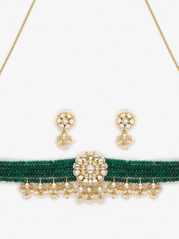 Ruby Raang Presents Green And Golden Kundan Choker With Earrings Set