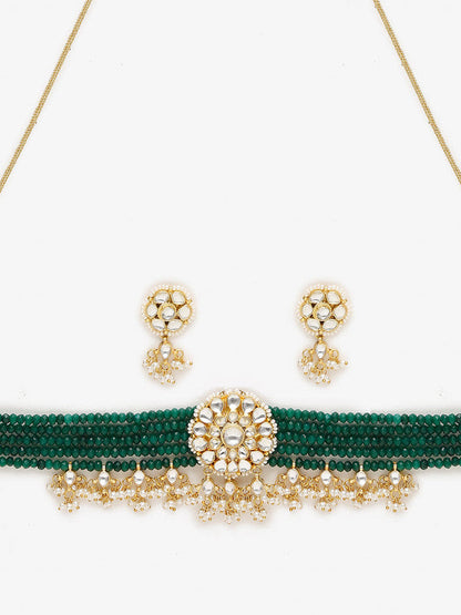 Ruby Raang Presents Green And Golden Kundan Choker With Earrings Set