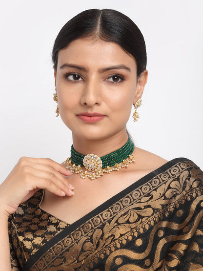 Ruby Raang Presents Green And Golden Kundan Choker With Earrings Set