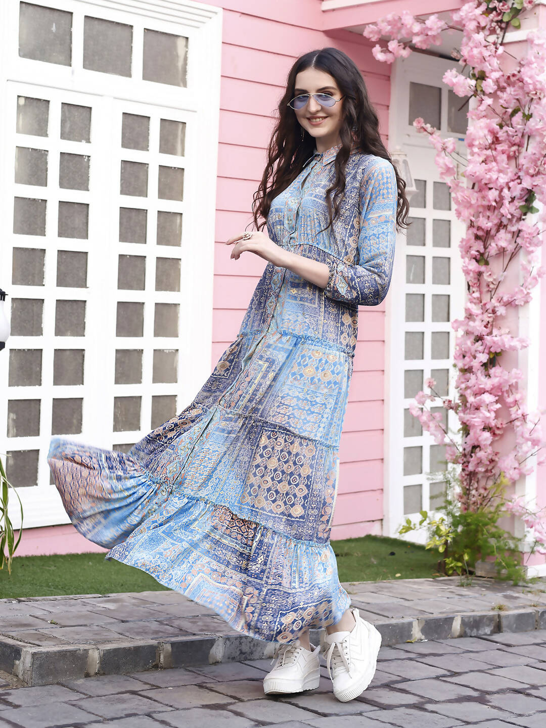 Light Blue Crepe Foil Printed Long Dress - Michan